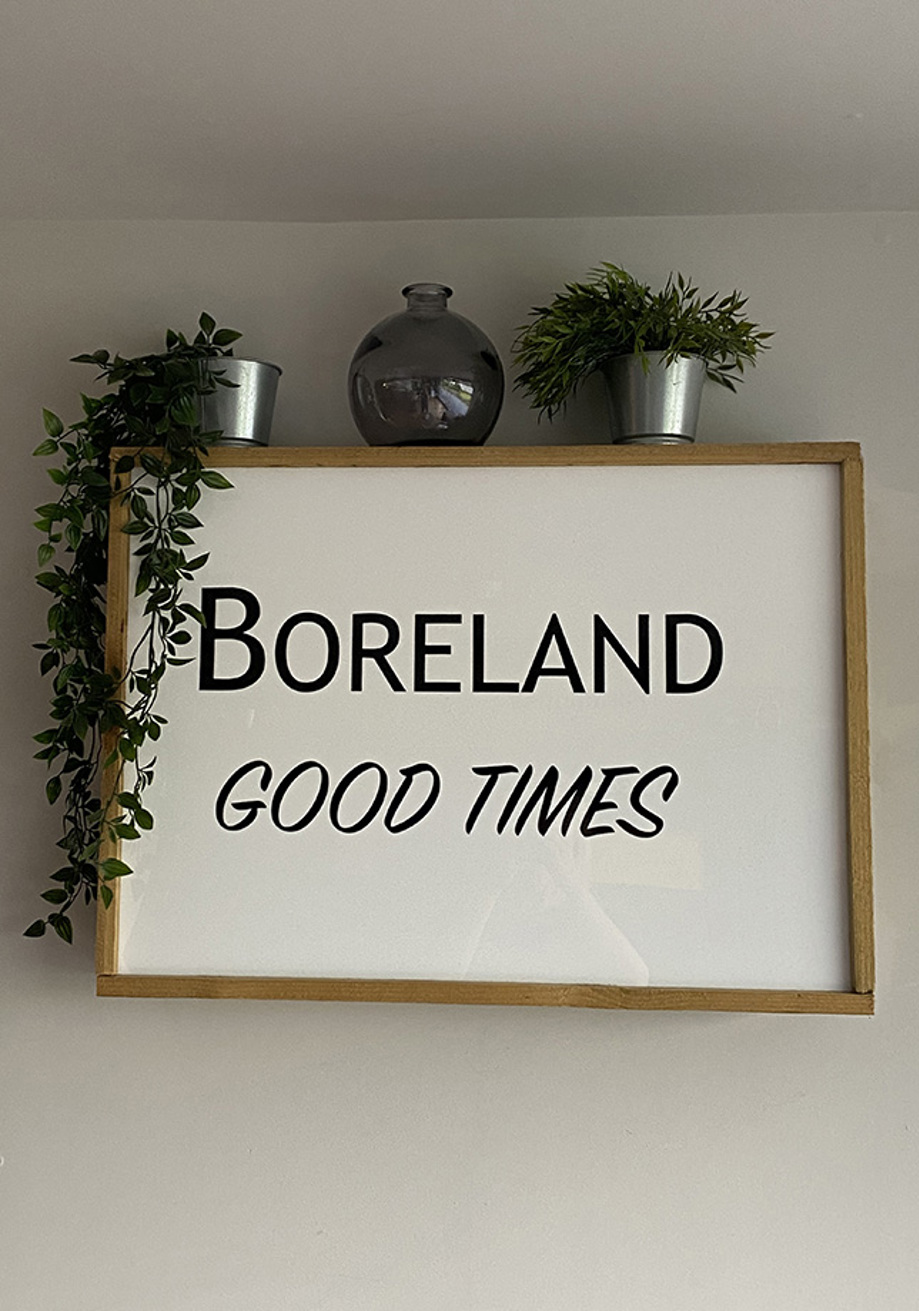 Sign on wall that says "Boreland good times" with faux plants and vase on top 